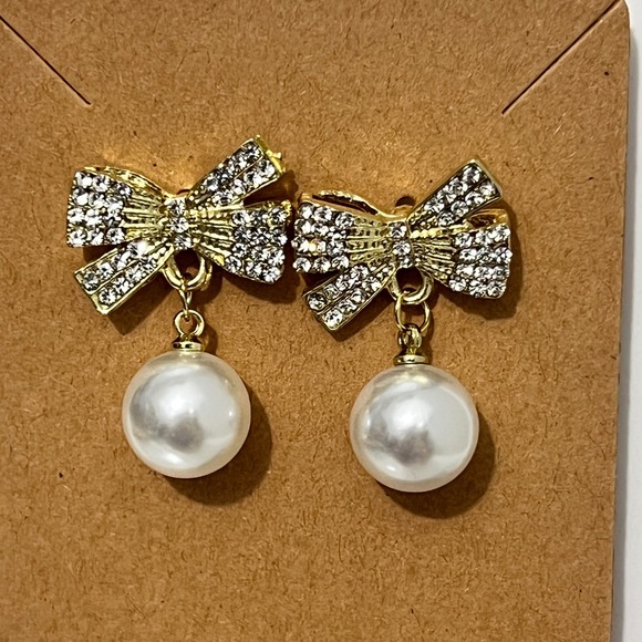 Jewelry - Gold Tone Rhinestone Bow Pearl Drop Earrings Women‎ Holiday Event